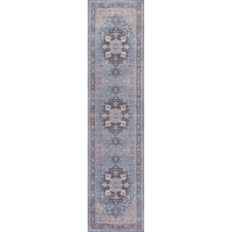 JONATHAN Y Marrakesh Ornate Medallion Machine Washable Area Rug - 2 X 8 - Blue/Cream