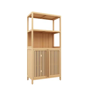 Natural MDF Wicker Bathroom Cabinet with Doors and Open Shelves - 24.5" W x 13" D x 32" H