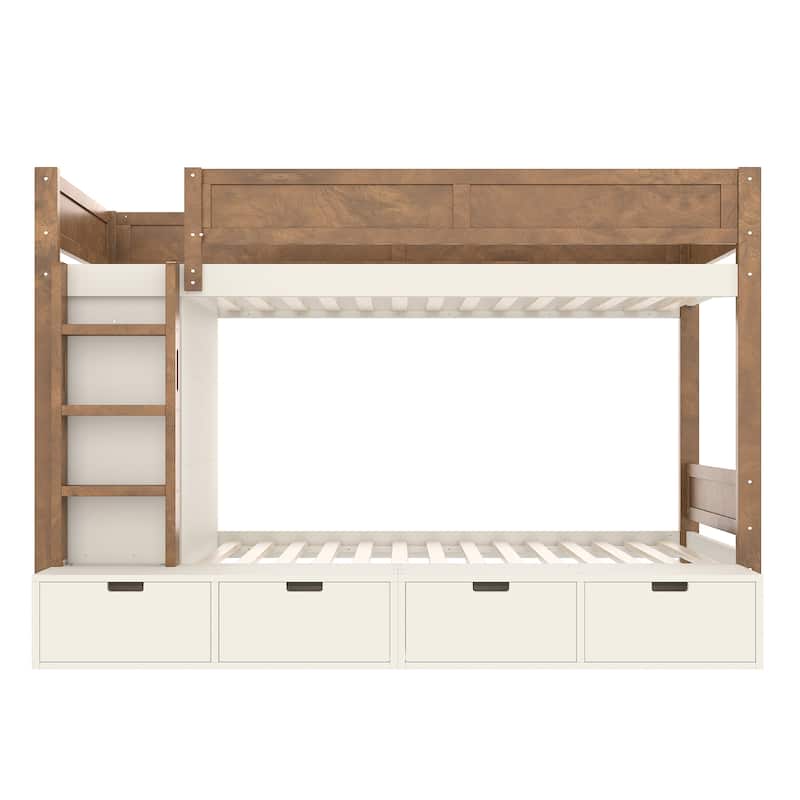 Twin over Twin Bunk Bed with 4 Drawers & Wardrobe - Solid Wood, Full-Length Guardrails, No Box Spring