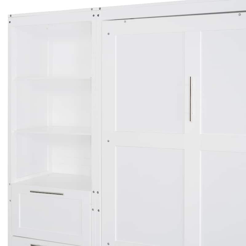 White Queen Murphy Bed with Closet, Drawers & Shelves