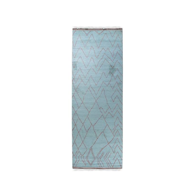 Light Blue Hand Knotted Wool Moroccan Rug, 4' x 12', soft cozy area rug - L