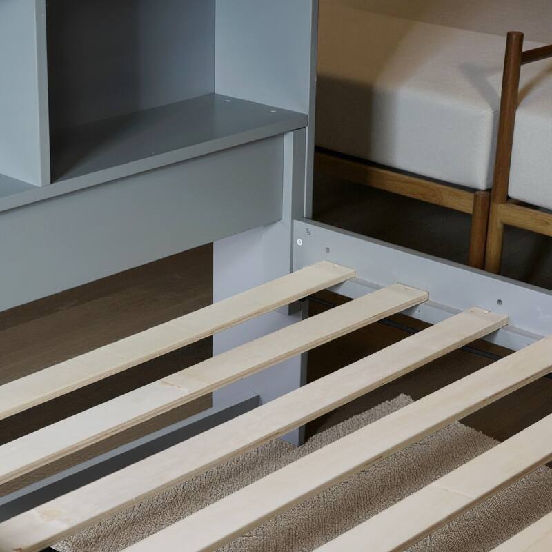 Twin Over Twin Bunk Bed with Shelves Headboard, Solid Rubber Wood Frame with Guardrails, Ladder, and Convertible Design