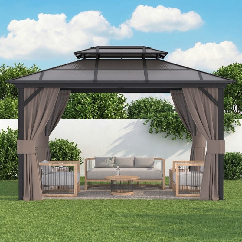 Hardtop Gazebo for Backyard – Permanent Pergola with Netting, Curtains & Double Roof, All-Weather Outdoor Shelter
