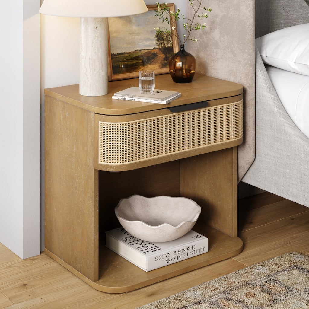 Keith Farmhouse Bedside Table, Modern Coastal Nightstand, Rattan Nighstand with 1 Drawer for Bedroom