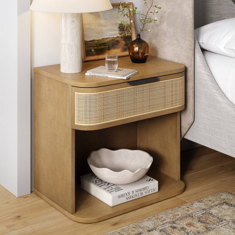 Keith Farmhouse Bedside Table, Modern Coastal Nightstand, Rattan Nighstand with 1 Drawer for Bedroom - Single