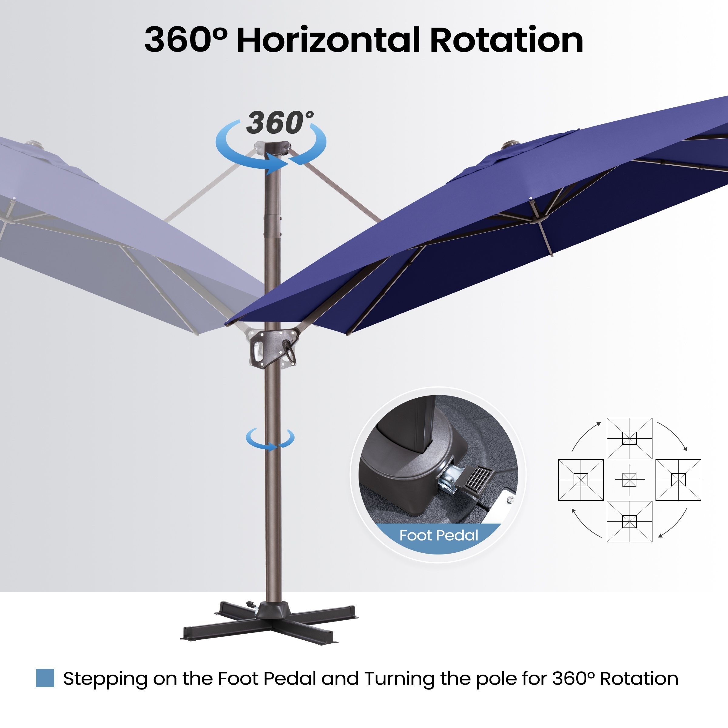 15 foot cantilever patio umbrella offset BLUU 12 FT Solar LED Aluminum Umbrella with Strip Lights and Center light, Recycled Fabric 36 Month Fade Resistance, The canopy can be tilted to multiple angles 11 ft. x 9 ft.