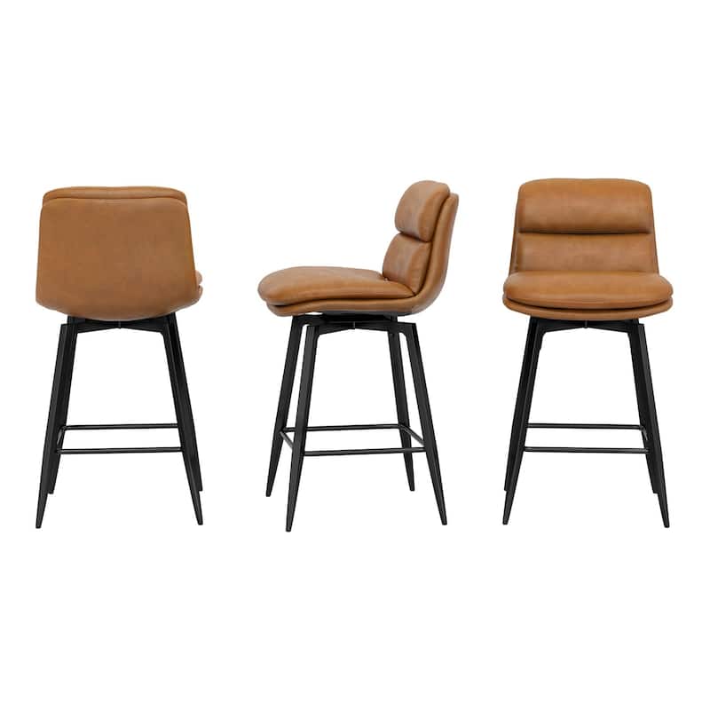 Upholstered Faux Leather Bar Stools with Back and Metal Legs Set of 2/3/4, 26" H Seat Height, 360° Swivel Bar Stools Brown