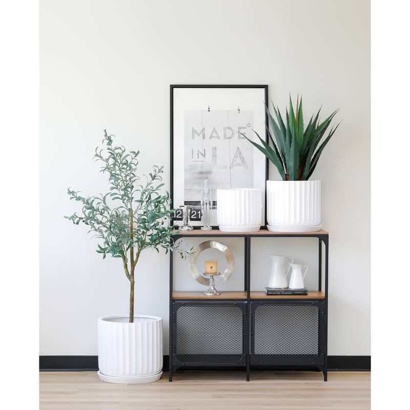 Indoor/Outdoor Large 1-piece Nordic Minimalist Fiberstone Lightweight Round Planter Pot With Grooves Saucer - 16, 13, 11 in