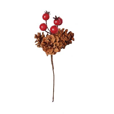 3" Pine Cone Pick x 3 with Wheatherproof Berry, Set of 12 - Brown