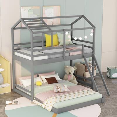 Twin Over Full Size Bunk Bed with Full-Length Guaradrail and Ladder, House Design Wood Bed, 78''L x 76''W x 91.2''H, Gray