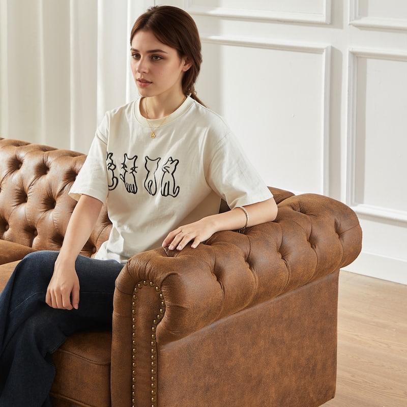 85.5" Tech Fabric Sofa with Rolled Arms and Button Tufted Design