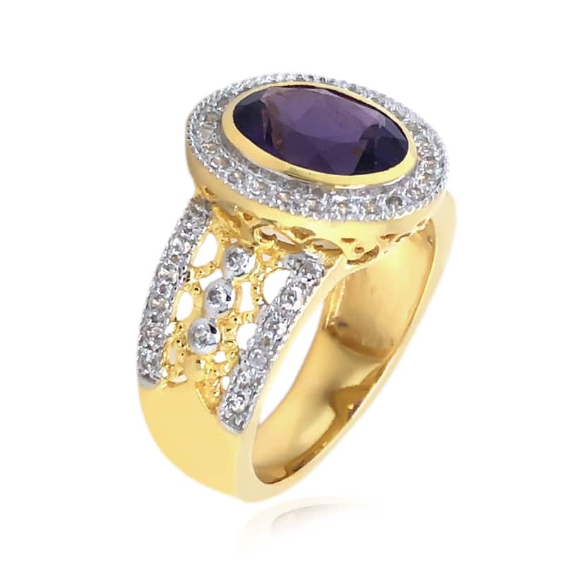 18K Yellow Gold Over Sterling Silver African Amethyst, White Natural Zircon Ring