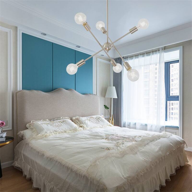 6-Light Mid-Century Sputnik Chandelier in Brushed Nickel with Gold Accents