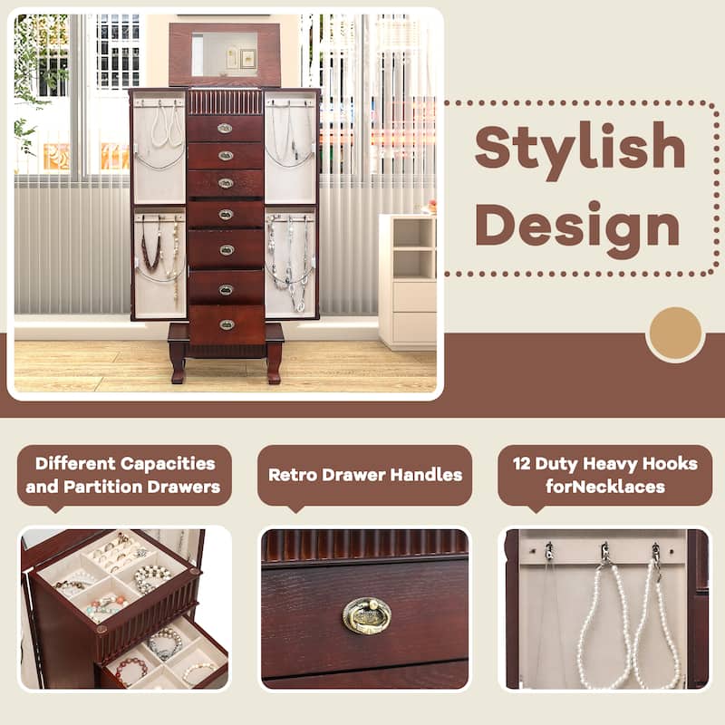 AVAWING Stand Up Jewelry Cabinet with 7 Drawers and 12 Necklace Hooks