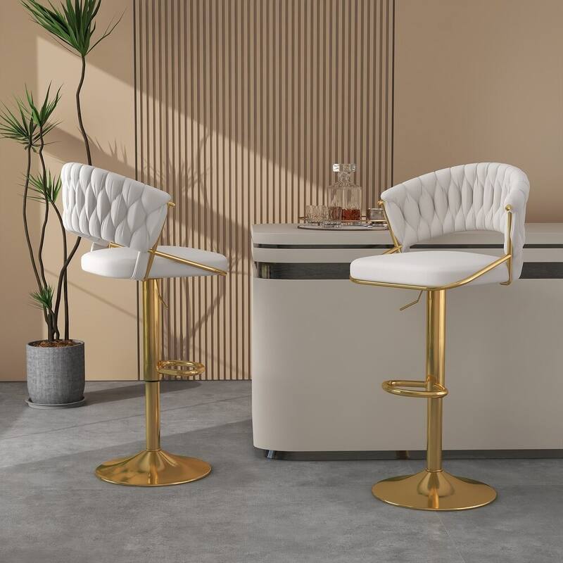 2/4 Set Velvet Adjustable Counter Stools Swivel Bar Stools With Backs - 24"-33" - Set of 2 - Ivory-Gold Leg