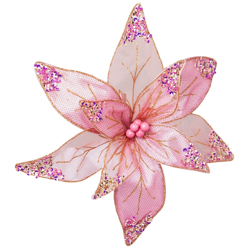 Glitter and Sequin Poinsettia Clip-on Christmas Ornament - 11.5" - Pink and Gold