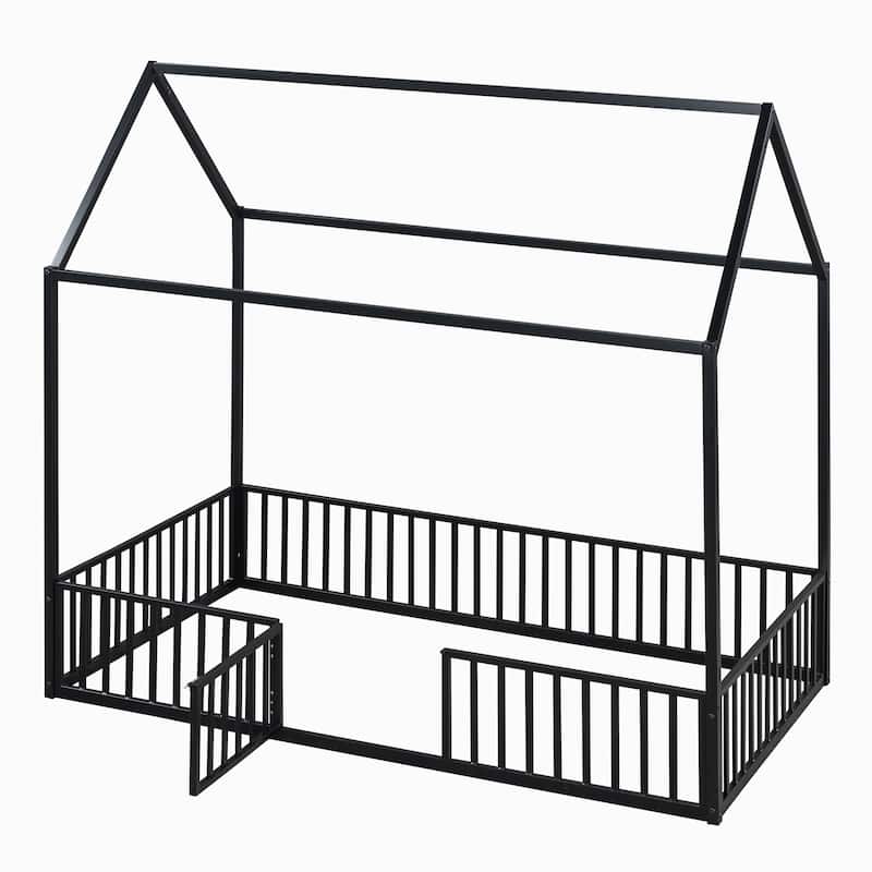 Black Twin Size Metal House Bed with Fence, Roof, and Door for Kids