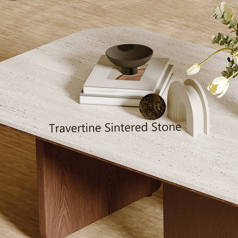 Mid Century 51.18" Coffee Table, Beige Sintered Stone Table Top, 3 Solid Wood Legs, Brown