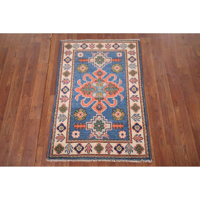 Geometric Kazak Foyer Rug Hand-Knotted Blue Wool Carpet - 2'0" x 3'0"