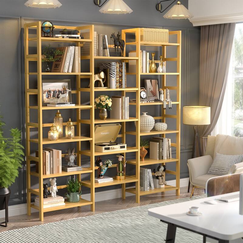 6-Tier Solid Bamboo Bookcase,Large Freestanding Open Bookshelf with 17 Display Shelves,Easy To Assemble - Triple Wide - Natural