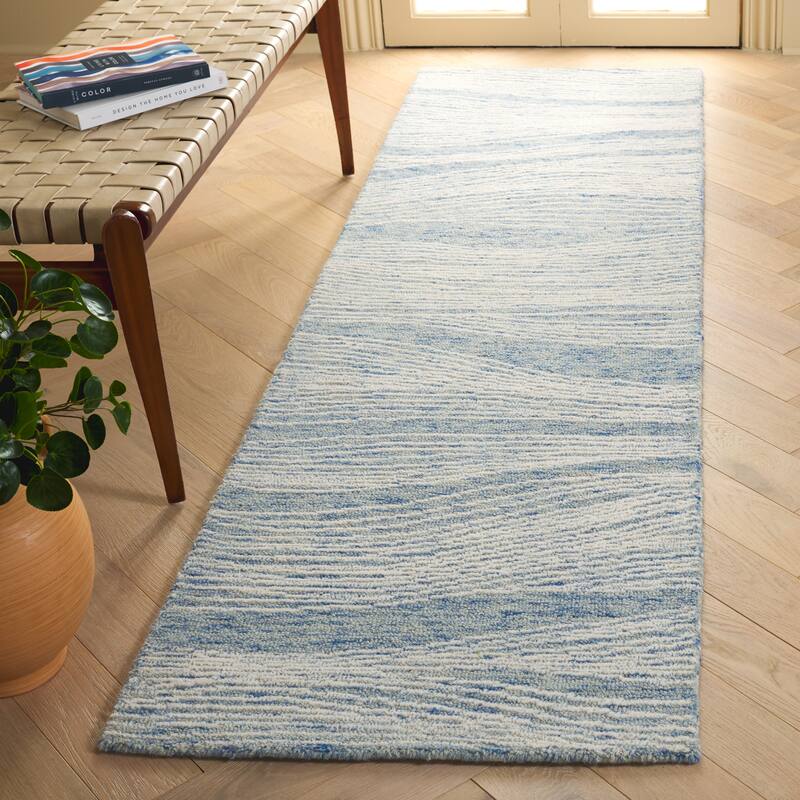 SAFAVIEH Handmade Metro Fetnete Modern Abstract Wool Rug - 2'3" x 8' Runner - Blue/Ivory