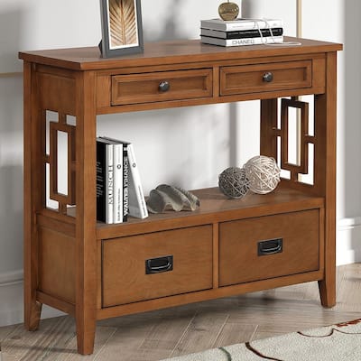 36" Pine Wood Console Table with Drawers and Shelves