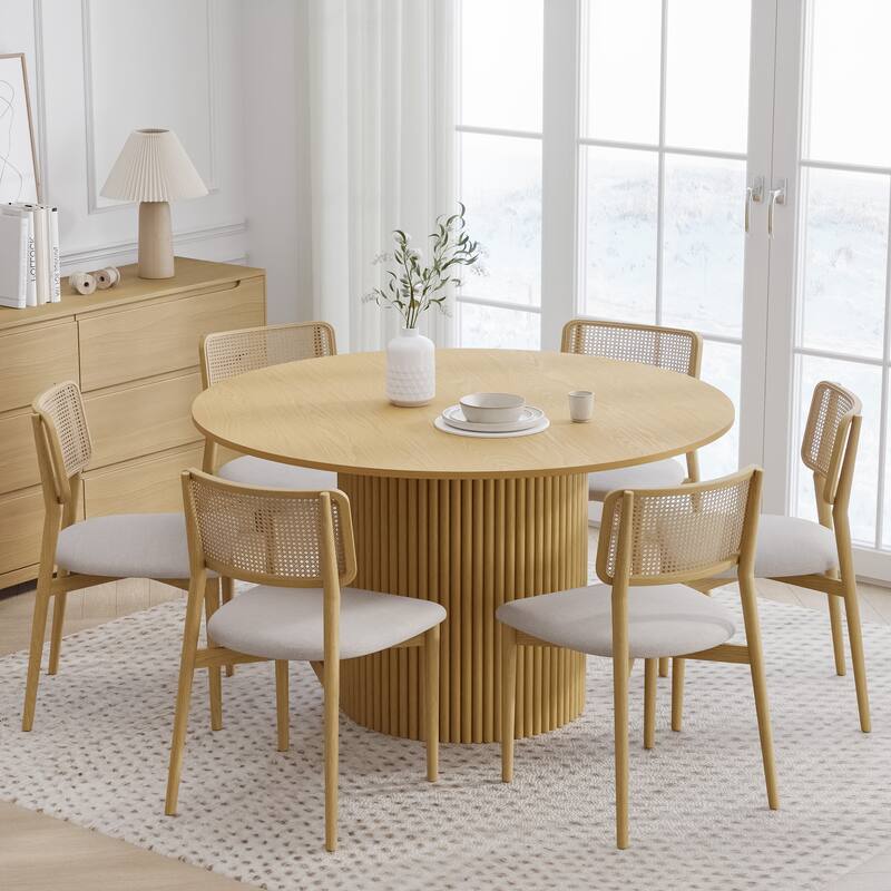 Solid Wood Round Dining Table Kitchen Table with Tabletop & Concave Cylinder Legs for Living/Dining Room Coffee Office - 52 in.W x 30 in.H - Natural+Natural