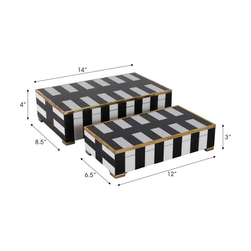 Resin Decorative Boxes with Stripe (Set of 2) - 4" & 3" Black, White - 14" x 8.5" x 4"