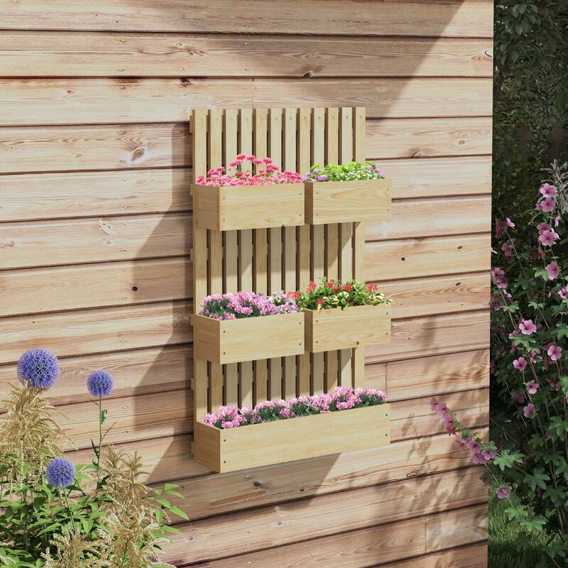 Wooden Raised Garden Bed Planter with Trellis Adjustable Self-Draining - Natural