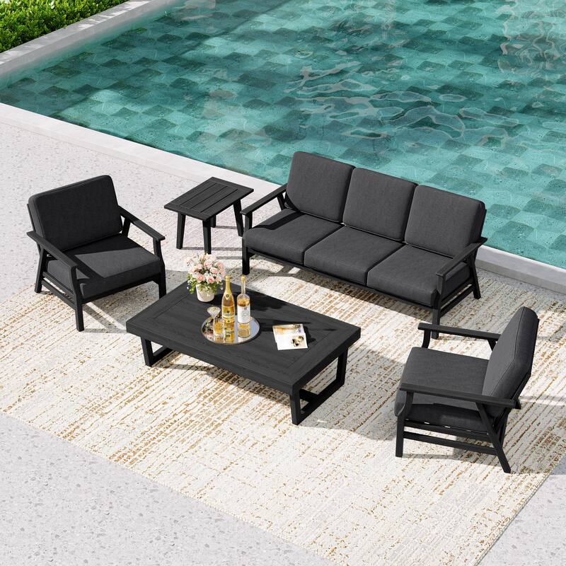 5-Piece Teak Outdoor Conversation Set with Tables. - 5-seat - Dark Grey/Black Wood