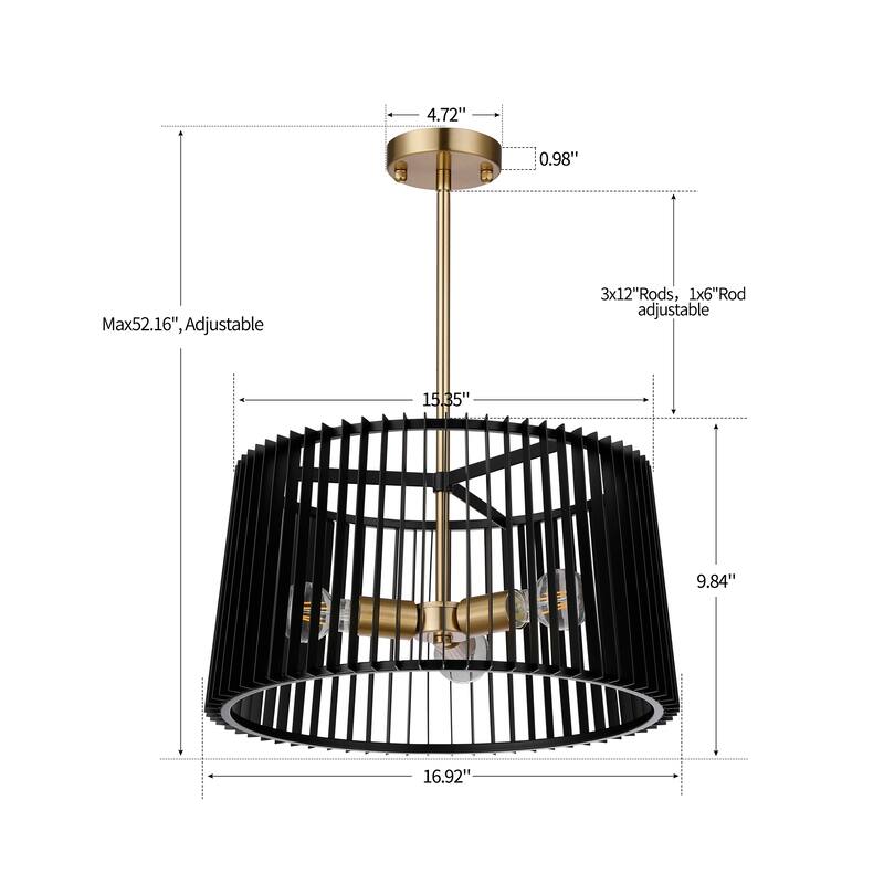 3-Light Black and Brass Drum Chandelier with Louvered Metal Shade - Black&Brass