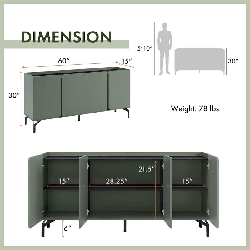 DH BASIC Modern 60-inch 6-Shelf Dining Buffet and Sideboard with Metal Legs by Denhour