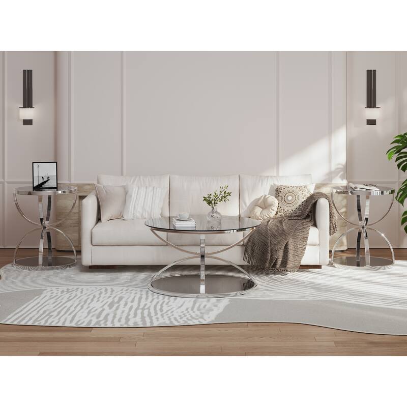 Modern 2 Tiers Glass Coffee Table with Ring-Shaped Metal Frames