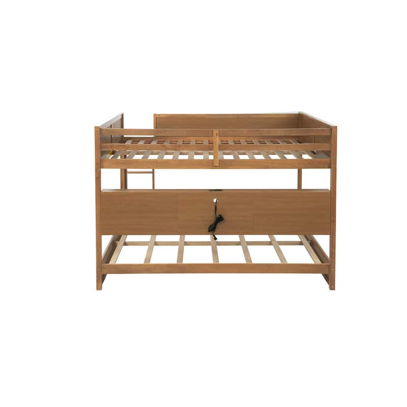 Roomfitters Queen Over Queen Bunk Bed with Storage Cabinets & Charging Station, Solid Pine Wood with Ladder & Guardrails, Wheat