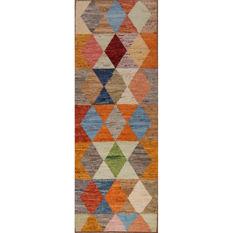 Geometric Moroccan Runner Rug Handmade Oriental Tribal Wool Carpet - 2'11" x 9'11"