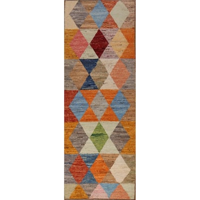 Geometric Moroccan Runner Rug Handmade Oriental Tribal Wool Carpet - 2'11" x 9'11"