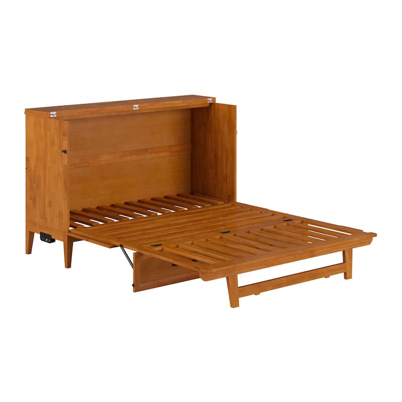 Solid Wood Murphy Bed Chest with Mattress & Charger - Space Saving Bed for Guest Room, Studio Apartment