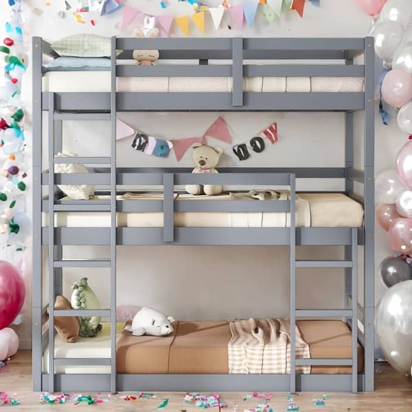 slide 2 of 39, Rubber Wood Detachable Triple Twin Bunk Bed,Kids Bed Design Grey