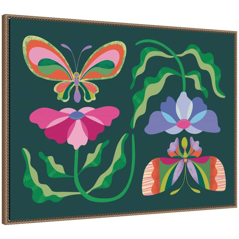 Kate and Laurel Floral Butterflies by Rachel Lee Framed Canvas Wall Art Print - 38 x 28 - Gold