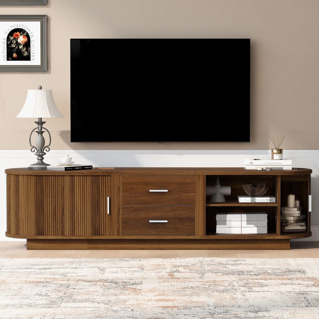 Modern TV Stand with Drawers, Hidden Sliding Storage, Rounded Corners, and Waterproof Surface, Fits 65"-70" TVs