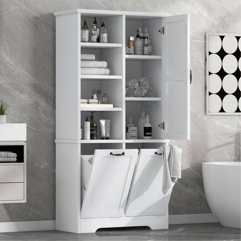 Bathroom Storage Cabinet with Doors,Drawers,Tilt-Out Laundry Hamper,and Adjustable Shelves