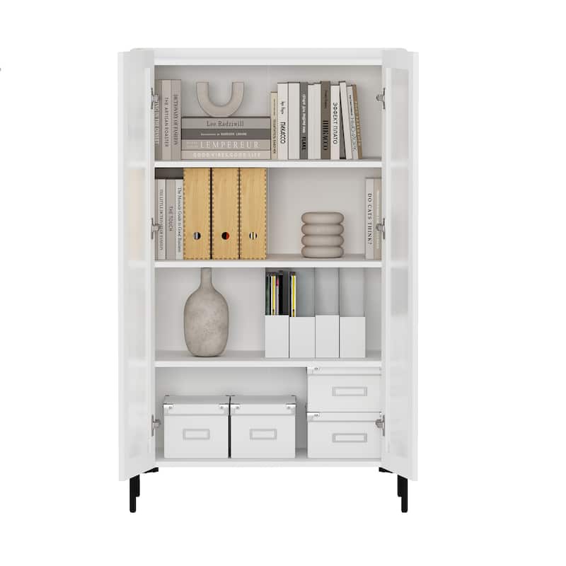 Manhattan Comfort Modern Abbey Décor Ribbed Tempered Glass Cabinet with Adjustable Shelves in White
