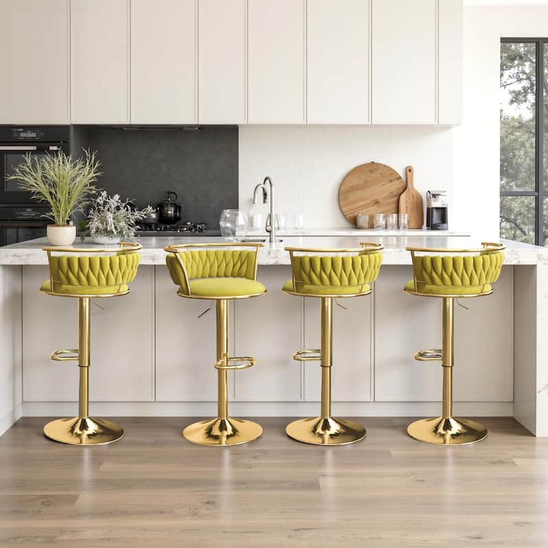4 Set Modern Velvet Adjustable Swivel Bar Stools with Metal Frame - Gold/Olive Drab