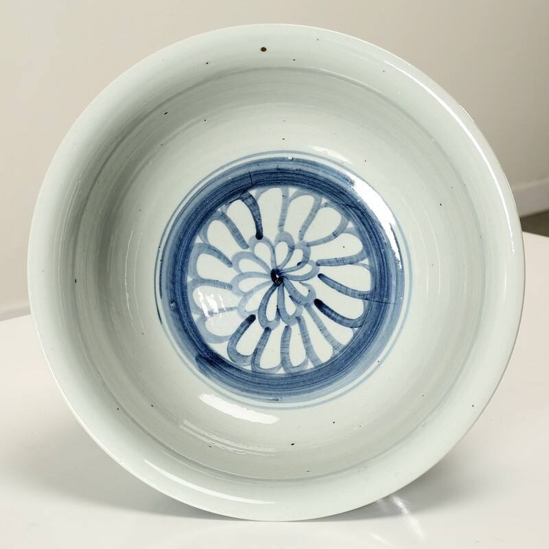 Hand Painted Blue and White Pedestal Bowl-16" W x13"H