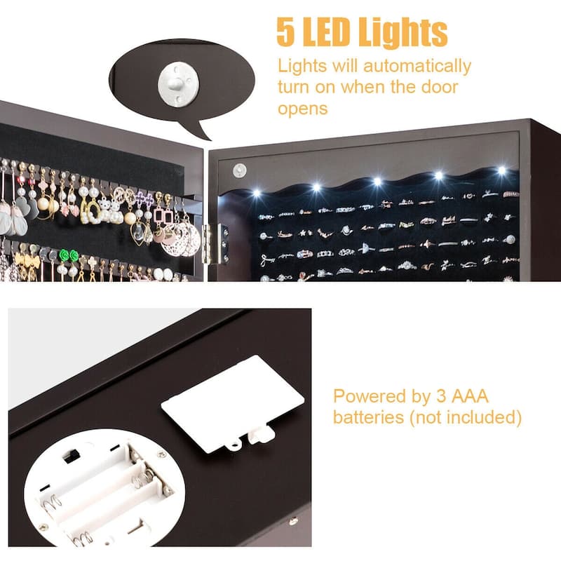 Gymax Wall Door Mounted Jewelry Cabinet Organizer LED Mirror Brown