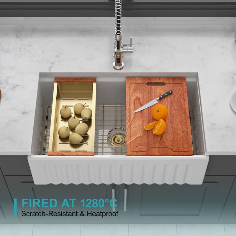 White Farmhouse Sink Workstation - Porcelain Ceramic Single Bowl Apron Front Kitchen Sink