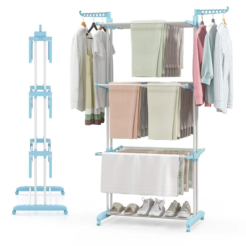 Gymax 3-tier Folding Clothes Drying Rack w/ Rotatable Side Wings &