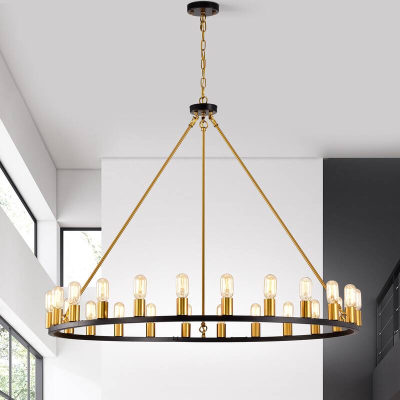 Matte Black and Gold 48-inch Wagon Wheel 24-light Chandelier