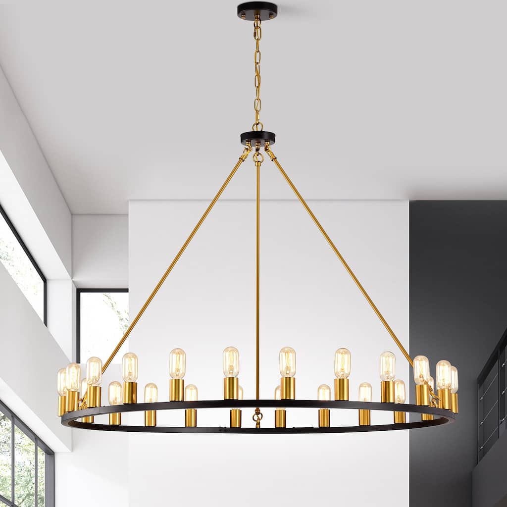 Matte Black and Gold 48-inch Wagon Wheel 24-light Chandelier