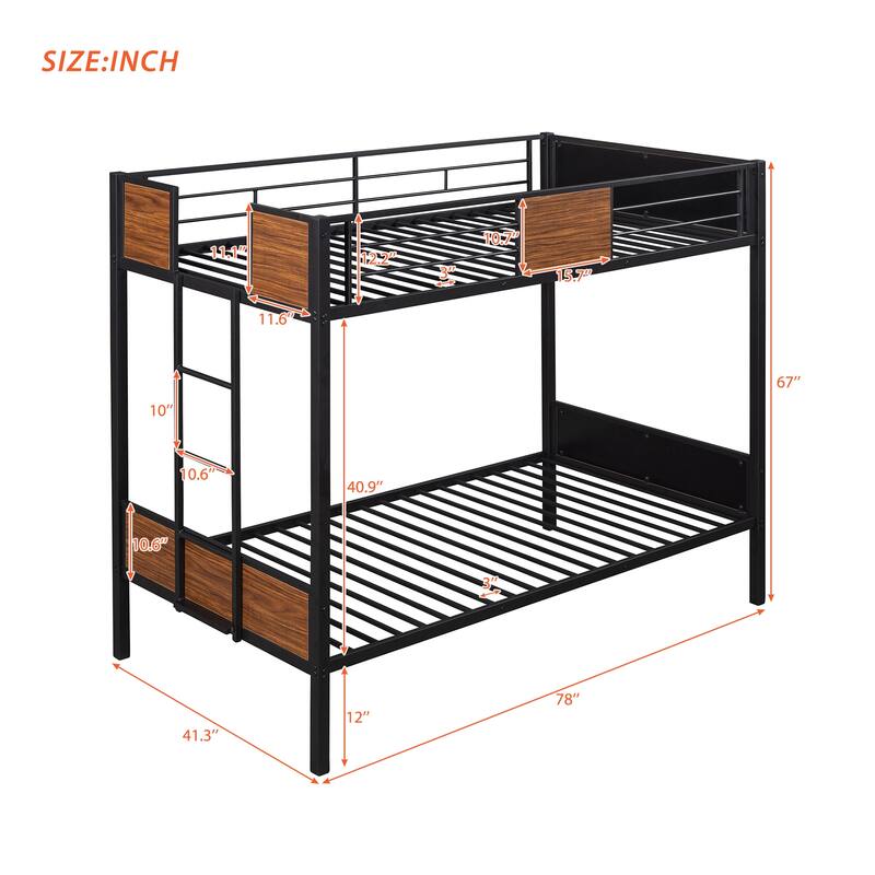 Modern Style Steel Frame Bunk Bed with Safety Rail, Built-in Ladder for Bedroom, Dorm, Boys, Girls, Adults